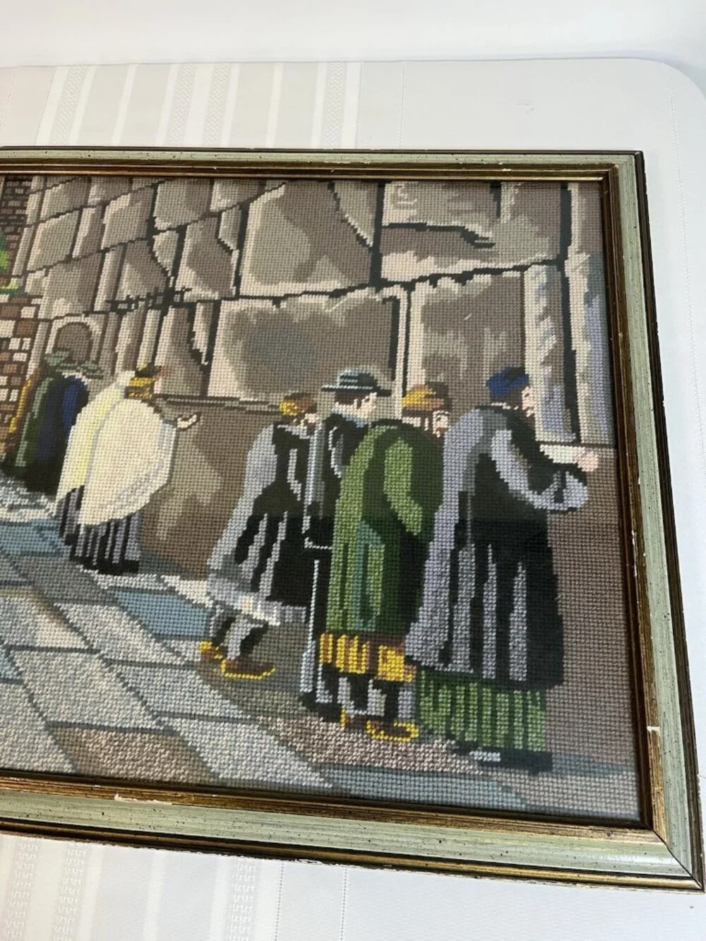 Vintage Needlepoint Jewish Wailing Wall Prayer Jerusalem Judaica Orthodox Framed